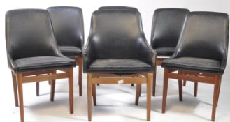 GIMSON & SLATER FURNITURE BRITISH MODERN DESIGN SIX BLACK VINYL & TEAK DINING CHAIRS