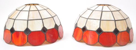 TIFFANY MANNER - PAIR OF RED & WHITE CEILING STAINED GLAS LIGHT SHADES
