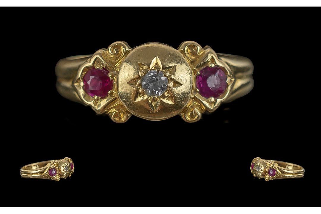 Antique Period Attractive 18ct Gold Ruby and Diamond Set Ring, Pleasing Design. Full Hallmark to