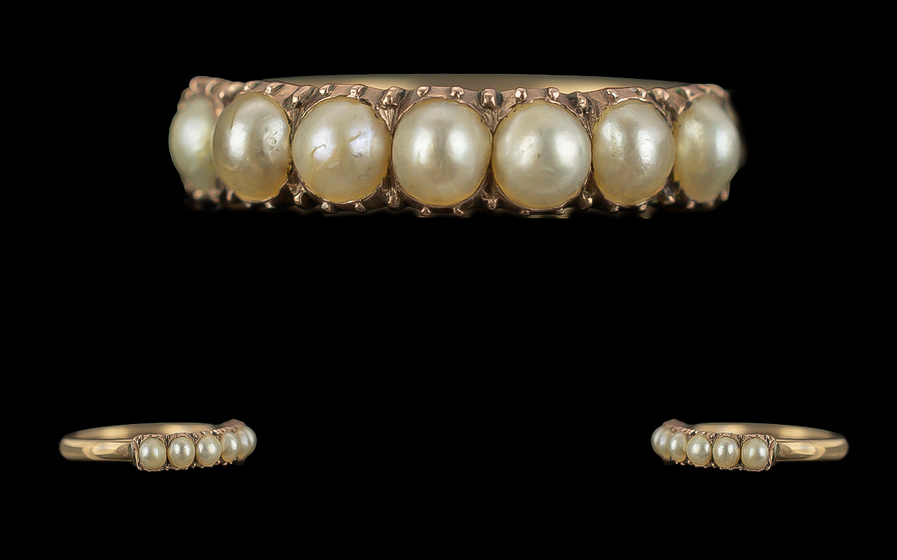Victorian Period Attractive 9ct Gold Pearl Set Ring of pleasant design, full hallmark Chester