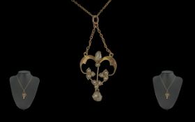 Victorian Period 1837 - 1901 Art Nouveau Design Attractive 9ct Gold Pearl Set Open Worked Pendant