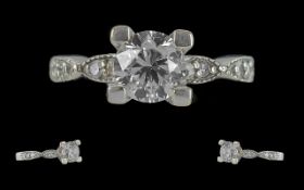 Ladies 18ct White Gold Excellent Quality Single Stone Diamond Set Ring, with Diamond Shoulders.