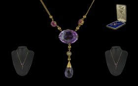 Edwardian Period 1901 - 1910 15ct Gold Amethyst Set Necklace with Drop. Tests 15ct or Better. The