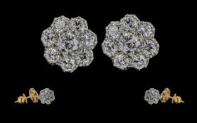 Antique Period Ladies Pair of Diamond Set Cluster Earrings. Marked 18ct - 750. The Round Old