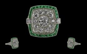 Art Deco 1930's Stunning 18ct White Gold Diamond and Emerald Set Dress Ring, Not Marked but Tests