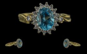 Ladies 18ct Gold Diamond and Aquamarine Set Cluster Ring - Full Hallmark To Interior Of Shank. The