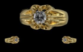 18ct Yellow Gold - Excellent Single Stone Diamond Set Ring, Gypsy Setting, Full Hallmark to Interior