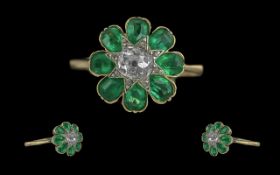 Antique Period Ladies Pleasing Quality 18ct Gold Emerald and Diamond Set Ring - Flowerhead