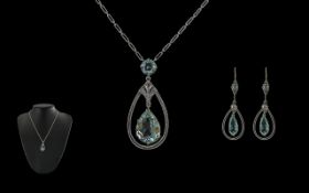 Edwardian Period 1901 - 1910 Stunning 18ct White Gold Pear Shaped Aquamarine and Diamond Set
