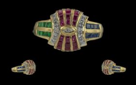 Ladies Excellent 18ct Gold Contemporary Dress Ring set with rubies, emeralds, sapphires and