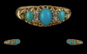 Victorian Period 1837 - 1901 Excellent 15ct Gold Turquoise and Diamond Set Ring - Gallery Setting,