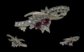 Ladies Superb 18ct White Gold Ruby and Diamond Set Small Brooch, full hallmark for 18ct - 750, the