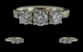 Ladies 18ct White Gold Superior Three Stone Diamond Set Ring, full hallmark to shank, the well
