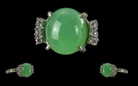 14ct White Gold - Pleasing Quality Jade and Diamond Set Ring, The Cabochon Cut Jade Stone of