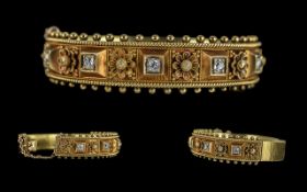 Antique Period - 15ct Gold Diamond Set Ornate Hinged Bangle with Safety Chain, Pleasing Design /
