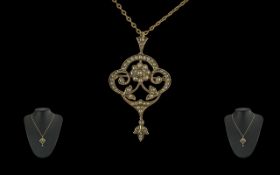 Edwardian Period 1901 - 1910 Excellent 9ct Gold Openwork Pendant/Brooch - Set With Seed Pearls,