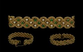18ct Gold Attractive Emerald and Pearl Set Bracelet ' Basket Weave Rope ' Design. Not Marked but