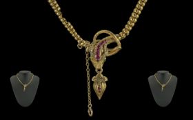 A Victorian 18ct Gold - Excellent Ornate Snake Head Necklace with Drop.