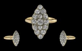 Edwardian Period 1902 - 1910 Ladies 18ct Gold Pleasing Quality Boat Shaped Diamond Set Dress Ring.