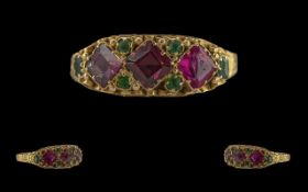 Antique Period Ladies 15ct Gold Ruby and Emerald Set Ring, Full Hallmark for Birmingham 1880's,