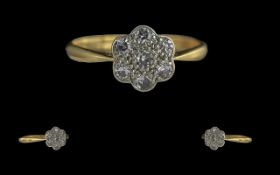 Antique Period Attractive and Pleasing 18ct Gold Diamond Set Cluster Ring, marked 18ct to interior