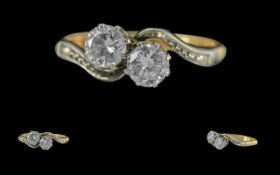 Ladies 1920's Attractive 18ct Gold Two Stone Diamond Set Ring. Marked 18ct to Interior of Shank.
