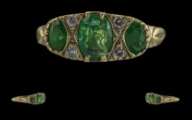 Antique Period 15ct Gold Emerald and Diamond Set Ring, Raised Ornate Setting.