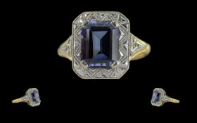 Antique Period Ladies Attractive Platinum and 10ct Gold Single Stone Blue Faceted Sapphire Set Ring,