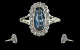 Edwardian Period 18ct White Gold - Excellent Quality Aquamarine and Diamond Set Cluster Ring,