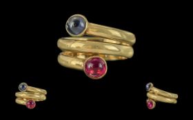 18ct Gold Pleasing Quality and Heavy Snake Style / Ruby and Sapphire Set Ring.