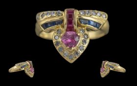 Ladies 14ct Gold Gem Set Snake Head Ring, Set with Rubies / Sapphires and Old Cut Diamond,