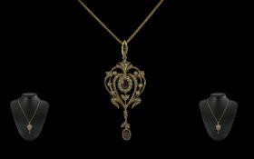 Victorian Period 1837 - 1901 9ct Gold Ornate Open worked Pendant with Drop Brooch, Set with