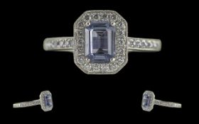 Ladies - Attractive and Quality 18ct White Gold Tanzanite and Diamond Set Dress Ring,