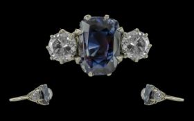 Ladies Excellent Platinum 3 Stone Sapphire and Diamond Set Ring,