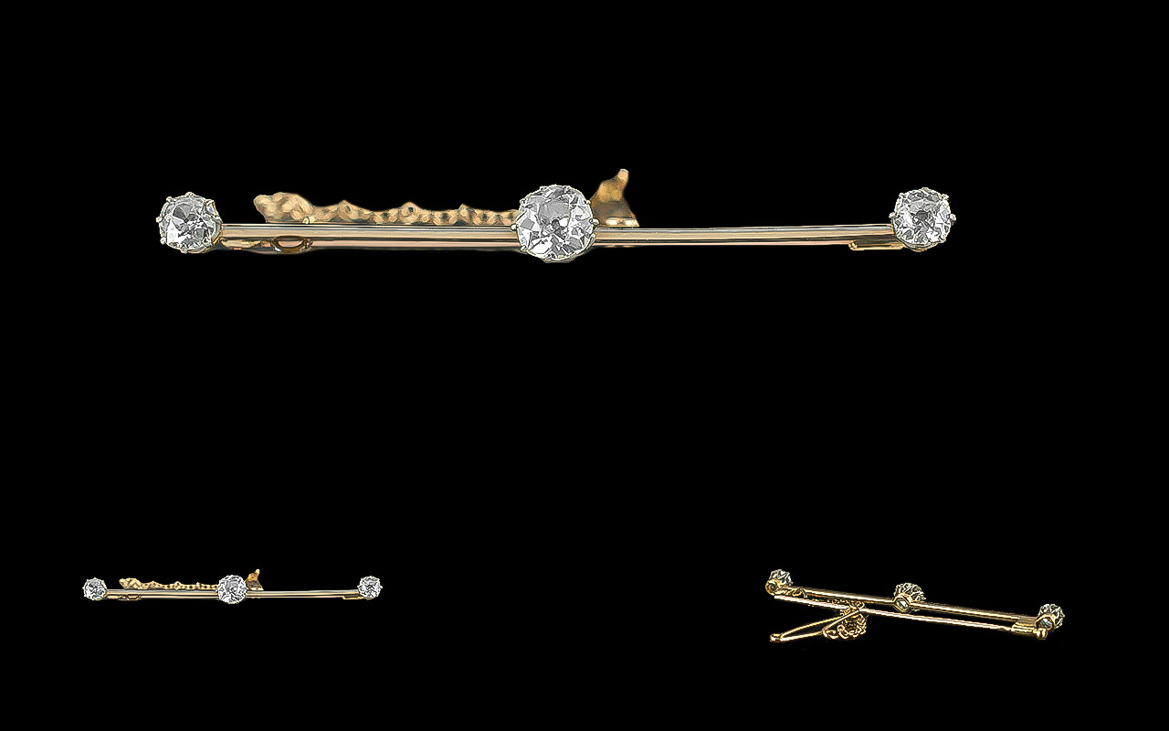 Ladies Excellent 18ct Gold and Platinum Three Stone Diamond Set Stick Brooch, not marked but tests
