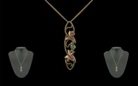 Clogau 9ct Welsh Gold - Emerald Set Naturalistic Designed Pendant with Attached 9ct Gold Chain. Both