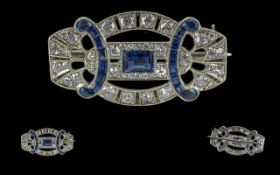 Art Deco Period - Superb and Exquisite 18ct White Gold Blue Sapphire and Diamond Set Small Brooch.