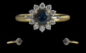 Ladies Pleasing Quality Exquisite 18ct Gold Sapphire and Diamond Set Cluster Ring, Full Hallmark