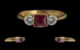 Antique Period - Petite 22ct Gold Ruby and White Sapphire 3 Stone Ring, Marked 22ct to Interior of