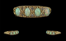 Antique Period Ladies 18ct Gold Opal and Diamond Set Ring, Raised Open worked Setting, Full Hallmark