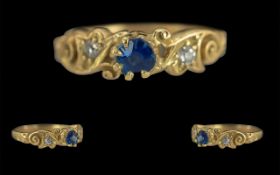 Antique Period - Petite 18ct Gold Sapphire / Diamond Set Ring, Ornate Setting / Design. Full