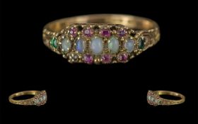 Victorian Period 1837 - 1901 15ct Gold - Rubies, Opals and Emerald Set Ring, Excellent Setting /
