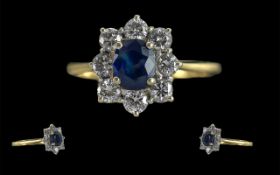 Ladies 18ct Gold Sapphire and Diamond Set Cluster Ring, full hallmark to interior of shank, the