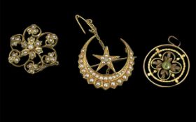 Antique Period Small Collection of 9ct Gold Gem Set Pendant Brooches ( 3 ) In Total. All Marked
