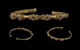 Ladies 9ct Gold Attractive Amethyst and Diamond Set Cuff Bangle, Marked 9ct. The Amethyst and