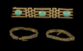 Antique Period Excellent 15ct Gold Turquoise Stone Set Gate Bracelet, marked 15ct, circa 1890s,