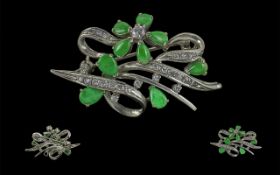 Art Deco Period Ladies Pleasing Quality 18ct White Gold Brooch, Set with Diamonds and Emeralds,