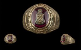A Fine Gents 10ct Gold Crested Signet Dress Ring, Marked 10 ct. Ornate Shank / Setting. Ring Size Q.