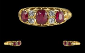 Antique Period Ladies 18ct Gold Ruby and Diamond Set Ring, Raised Open Worked Setting, Full Hallmark