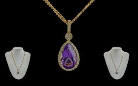 18ct Gold Excellent Quality Diamond and Amethyst Set Pearl Shaped Pendant Attached to a 18ct Gold